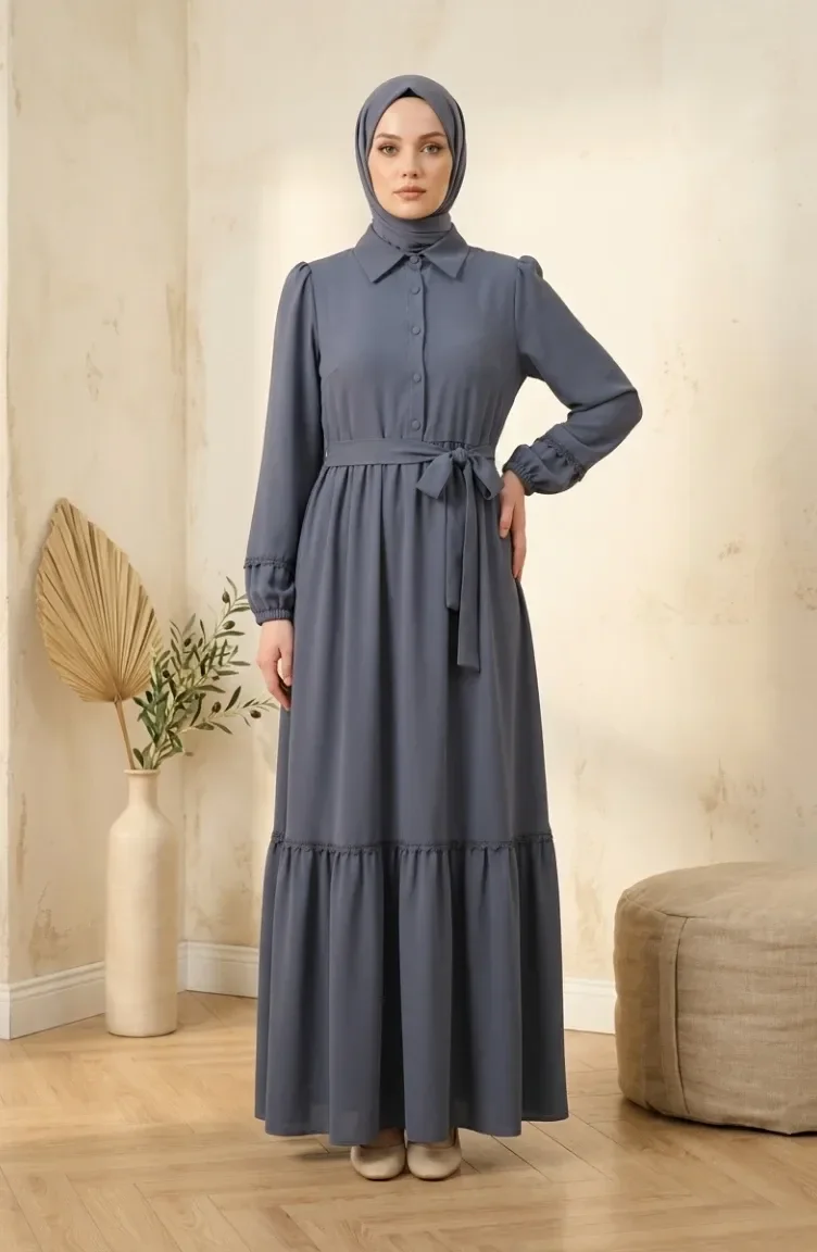 Kleid Mit Spitzendetails Und Gürtel 5086-05 Grau 5086-05