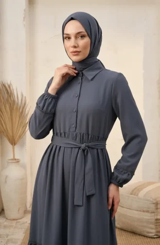 Kleid Mit Spitzendetails Und Gürtel 5086-05 Grau 5086-05