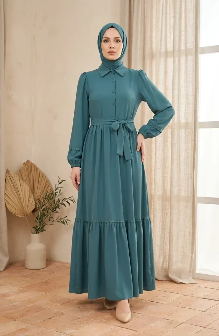 Kleid Mit Spitzendetails Und Gürtel 5086-06 Mintgrün 5086-06