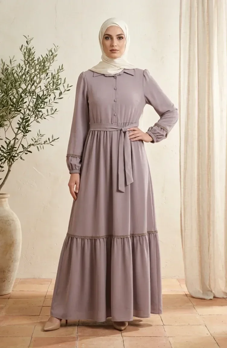 Kleid Mit Spitzendetails Und Gürtel 5086-07 Nerz 5086-07