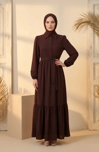 Kleid Mit Spitzendetails Und Gürtel 5086-09 Dunkelbraun 5086-09