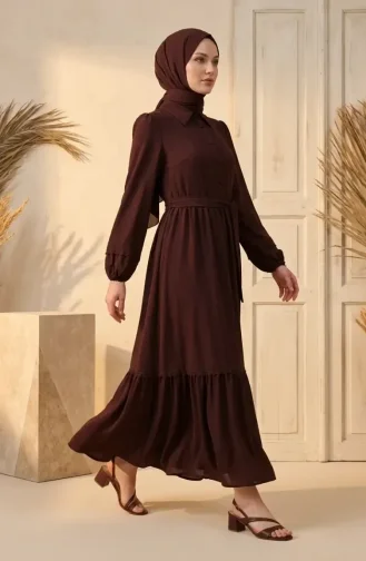 Kleid Mit Spitzendetails Und Gürtel 5086-09 Dunkelbraun 5086-09