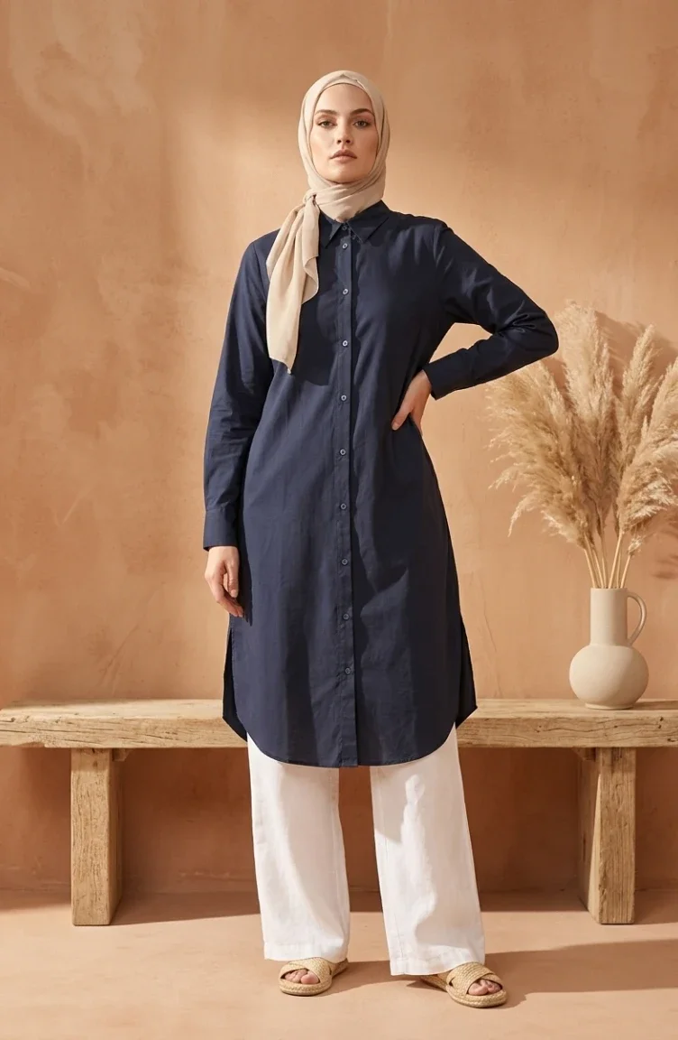 Shirt Collar Button-Down Tunic 1002-01 Navy Blue 1002-01