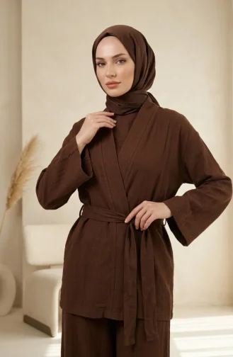 كيمونو بني بأكمام طويلة وحزام، رقم الموديل 1004-02 1004-02