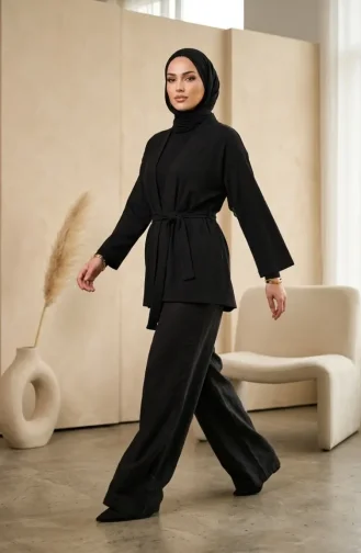 كيمونو أسود بأكمام طويلة وحزام، رقم الموديل 1004-03 1004-03