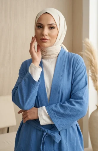 كيمونو بأكمام طويلة وحزام، رقم الموديل 1004-04، لون نيلي 1004-04