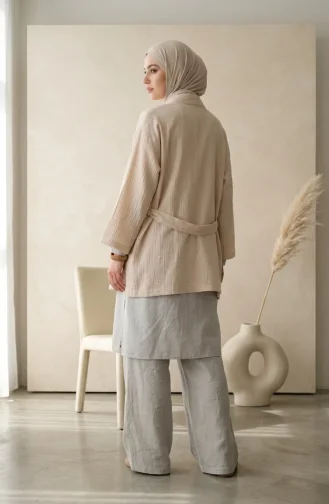 كيمونو بأكمام طويلة وحزام، لون كريمي، رقم الموديل 1004-05 1004-05