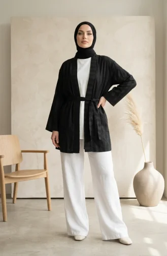 Striped Belted Long Sleeve Kimono 1004A-01 Black 1004A-01
