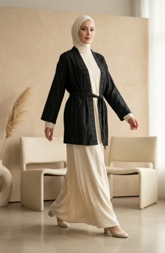 Striped Belted Long Sleeve Kimono 1004A-01 Black 1004A-01