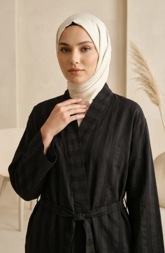 Striped Belted Long Sleeve Kimono 1004A-01 Black 1004A-01