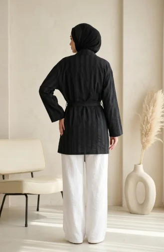 Striped Belted Long Sleeve Kimono 1004A-01 Black 1004A-01