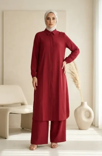 Shirt Collar Hidden Button Tunic And Trousers Two-Piece Set 1003-01 Burgundy 1003-01