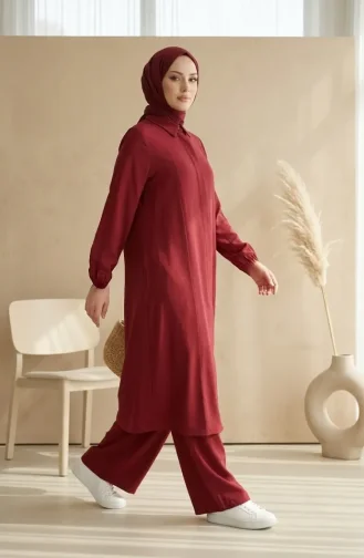 Shirt Collar Hidden Button Tunic And Trousers Two-Piece Set 1003-01 Burgundy 1003-01