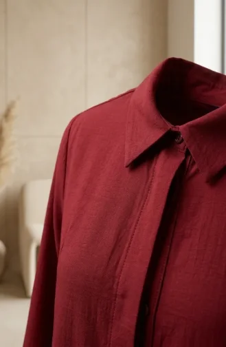 Shirt Collar Hidden Button Tunic And Trousers Two-Piece Set 1003-01 Burgundy 1003-01