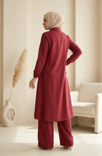 Shirt Collar Hidden Button Tunic And Trousers Two-Piece Set 1003-01 Burgundy 1003-01