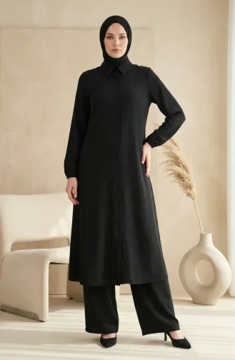 Gömlek Yaka Gizli Düğmeli Tunik Pantolon ikili Takım 1003-05 Siyah