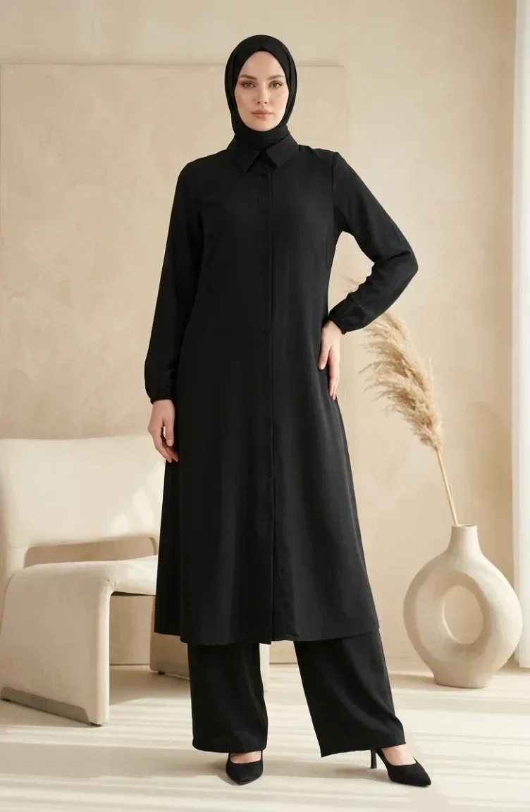 Gömlek Yaka Gizli Düğmeli Tunik Pantolon ikili Takım 1003-05 Siyah