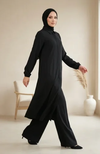 Gömlek Yaka Gizli Düğmeli Tunik Pantolon ikili Takım 1003-05 Siyah