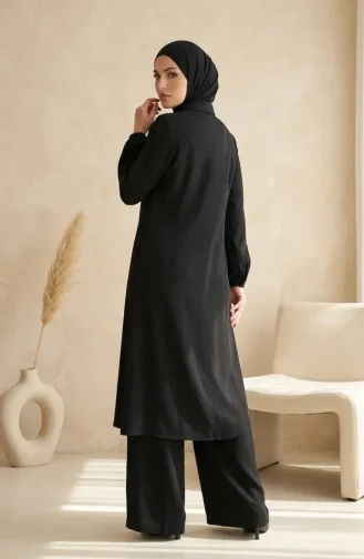 Gömlek Yaka Gizli Düğmeli Tunik Pantolon ikili Takım 1003-05 Siyah