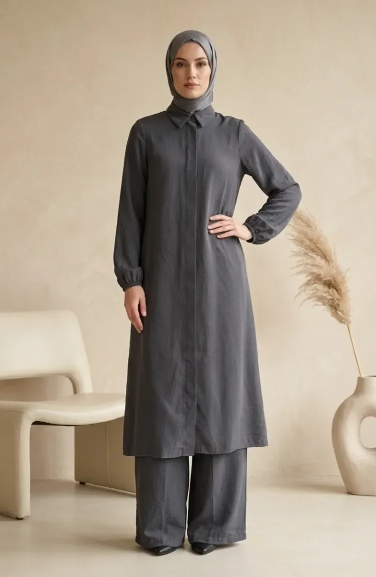 Shirt Collar Concealed Button Tunic And Trousers Two-Piece Set 1003-08 Anthracite 1003-08