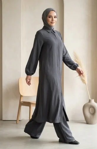 Shirt Collar Concealed Button Tunic And Trousers Two-Piece Set 1003-08 Anthracite 1003-08