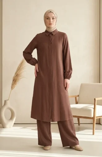 Shirt Collar Hidden Button Tunic And Trousers Two-Piece Set 1003-14 Milk Coffee 1003-14