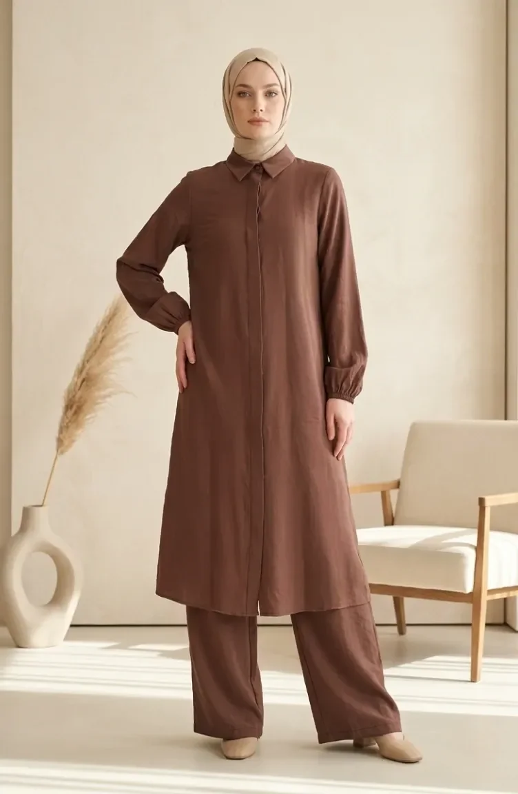 Shirt Collar Hidden Button Tunic And Trousers Two-Piece Set 1003-14 Milk Coffee 1003-14