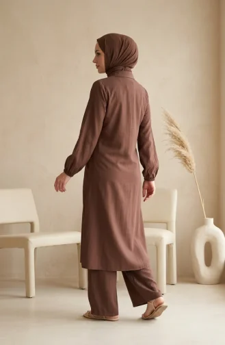 Shirt Collar Hidden Button Tunic And Trousers Two-Piece Set 1003-14 Milk Coffee 1003-14