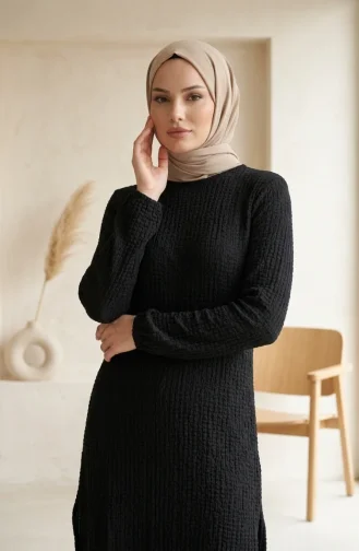 Doppellagige Tunika Mit Elastischen Ärmeln 0552-01 Schwarz 0552-01