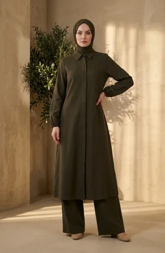 Gömlek Yaka Gizli Düğmeli Tunik Pantolon ikili Takım 1003-10 Haki