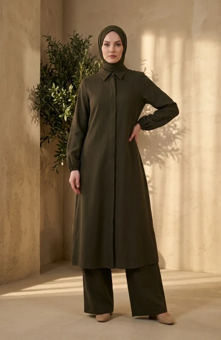 Gömlek Yaka Gizli Düğmeli Tunik Pantolon ikili Takım 1003-10 Haki