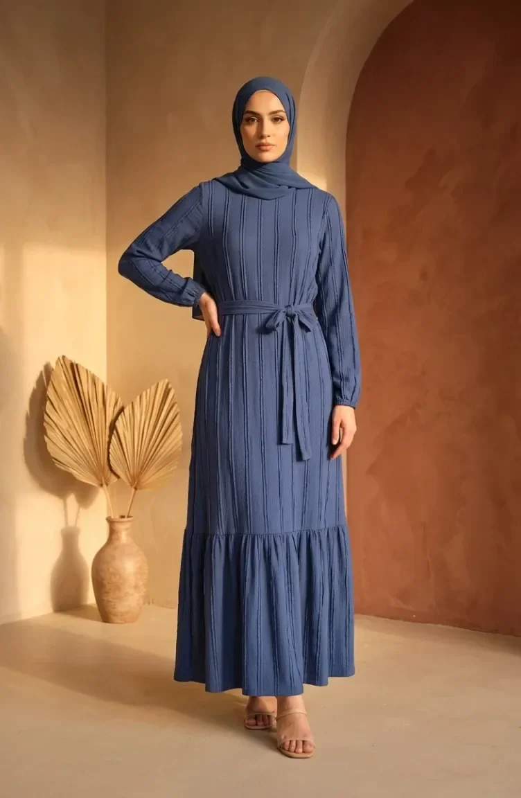 Kleid Mit Gerafftem Gürtel 0551-01 Indigo 0551-01