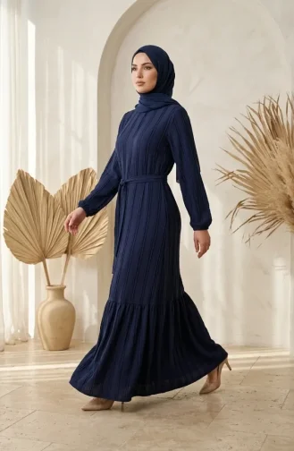 فستان بحزام مكشكش 0551-02 أزرق داكن 0551-02