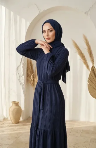 فستان بحزام مكشكش 0551-02 أزرق داكن 0551-02