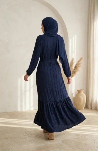 فستان بحزام مكشكش 0551-02 أزرق داكن 0551-02