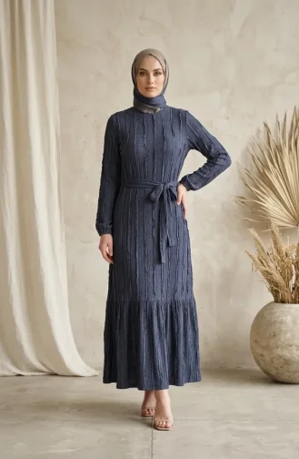 Kleid Mit Gerafftem Gürtel 0551-03 Hellmarineblau 0551-03