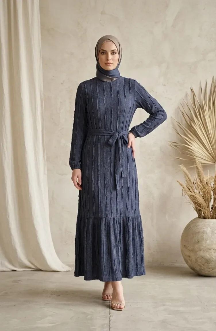 Kleid Mit Gerafftem Gürtel 0551-03 Hellmarineblau 0551-03