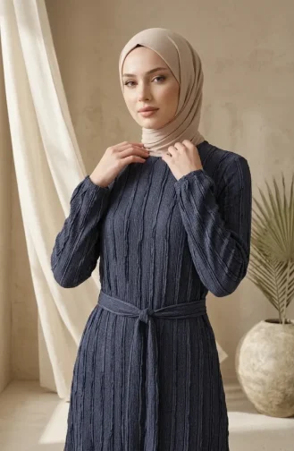 Kleid Mit Gerafftem Gürtel 0551-03 Hellmarineblau 0551-03