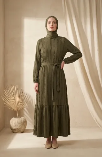 Kleid Mit Gerafftem Gürtel 0551-04 Khaki 0551-04