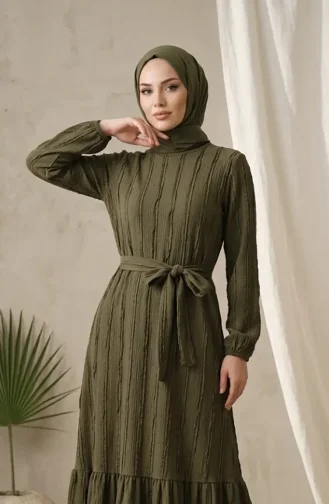 Kleid Mit Gerafftem Gürtel 0551-04 Khaki 0551-04