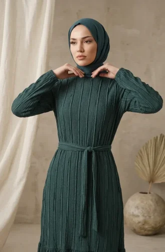 Kleid Mit Gerafftem Gürtel 0551-05 Grün 0551-05