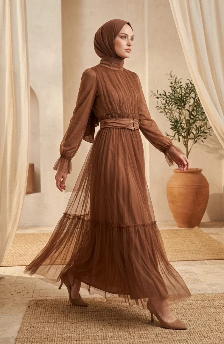 Belted Tulle Hijab Evening Dress 5720-01 Brown 5720-01