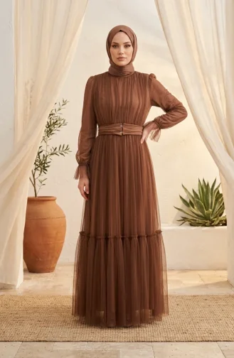 Belted Tulle Hijab Evening Dress 5720-01 Brown 5720-01