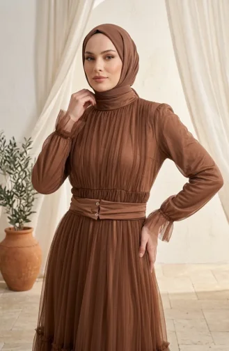Belted Tulle Hijab Evening Dress 5720-01 Brown 5720-01