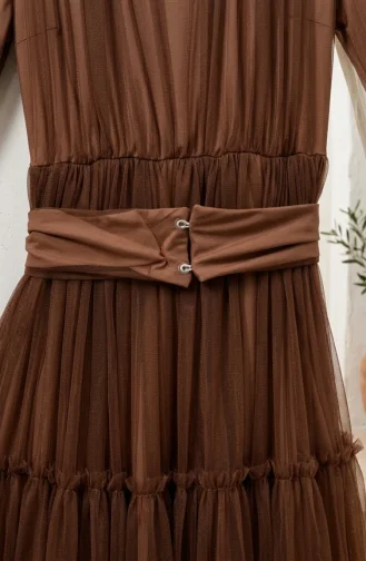 Belted Tulle Hijab Evening Dress 5720-01 Brown 5720-01