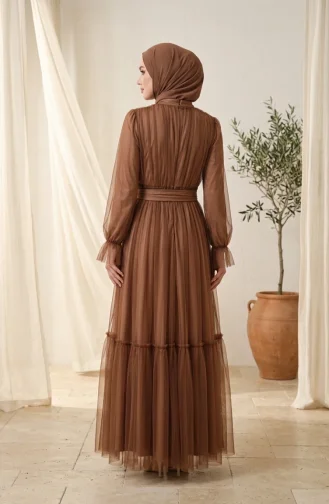 Belted Tulle Hijab Evening Dress 5720-01 Brown 5720-01