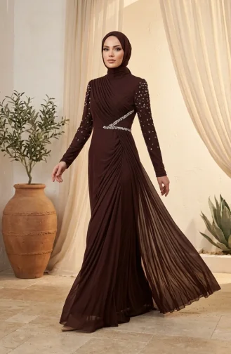 فستان سهرة من التول مزين بالأحجار، لون بني، رقم الموديل 5723-01 5723-01