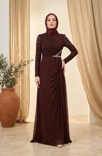 فستان سهرة من التول مزين بالأحجار، لون بني، رقم الموديل 5723-01 5723-01