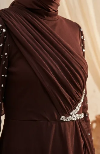 فستان سهرة من التول مزين بالأحجار، لون بني، رقم الموديل 5723-01 5723-01