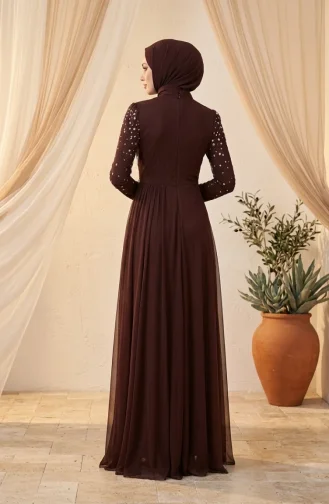 فستان سهرة من التول مزين بالأحجار، لون بني، رقم الموديل 5723-01 5723-01